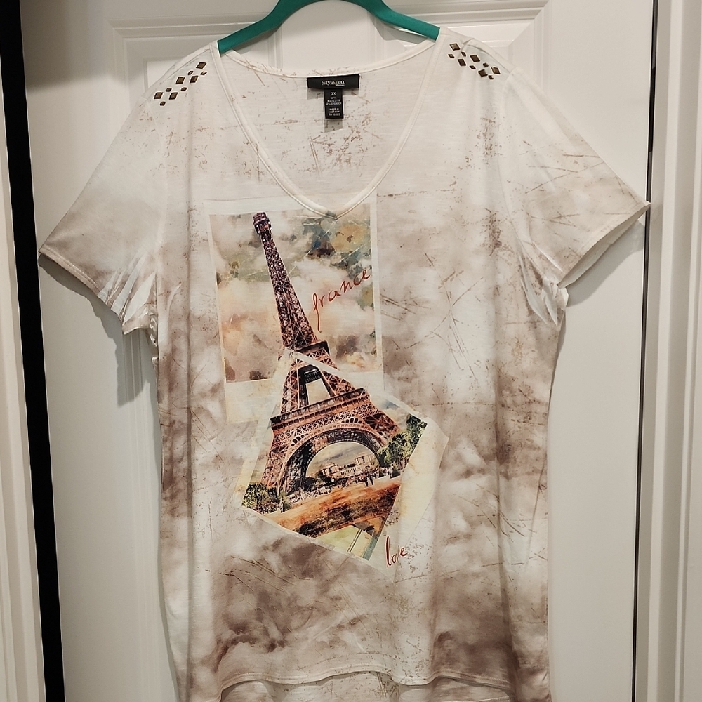 NEW Style & Co Paris Print V-Neck Top 3x